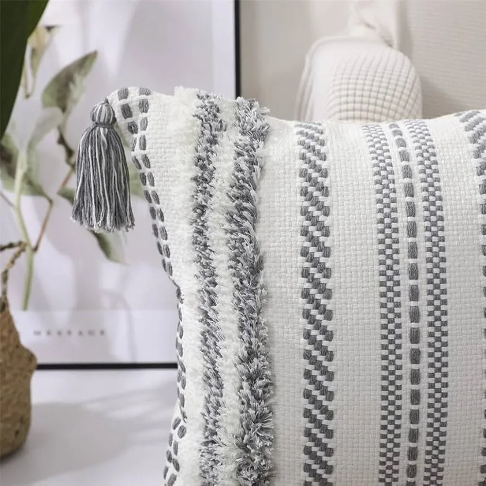 SEEKSEE Single Boho Throw Pillow Cover | 22x22 inch | Tufted & Tasseled | Grey - Picture 2 of 3